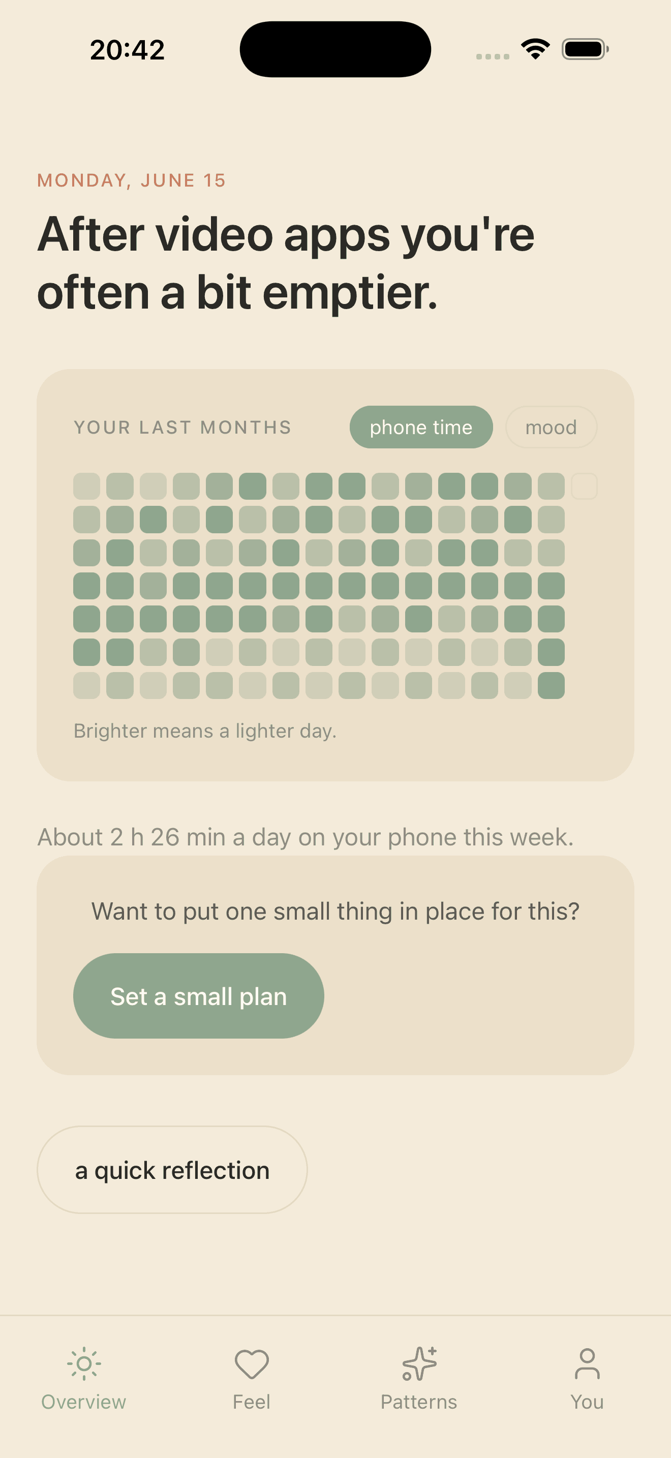 Ausklang's overview screen: a month grid of phone use, this week's daily average, and a button to set a small plan.