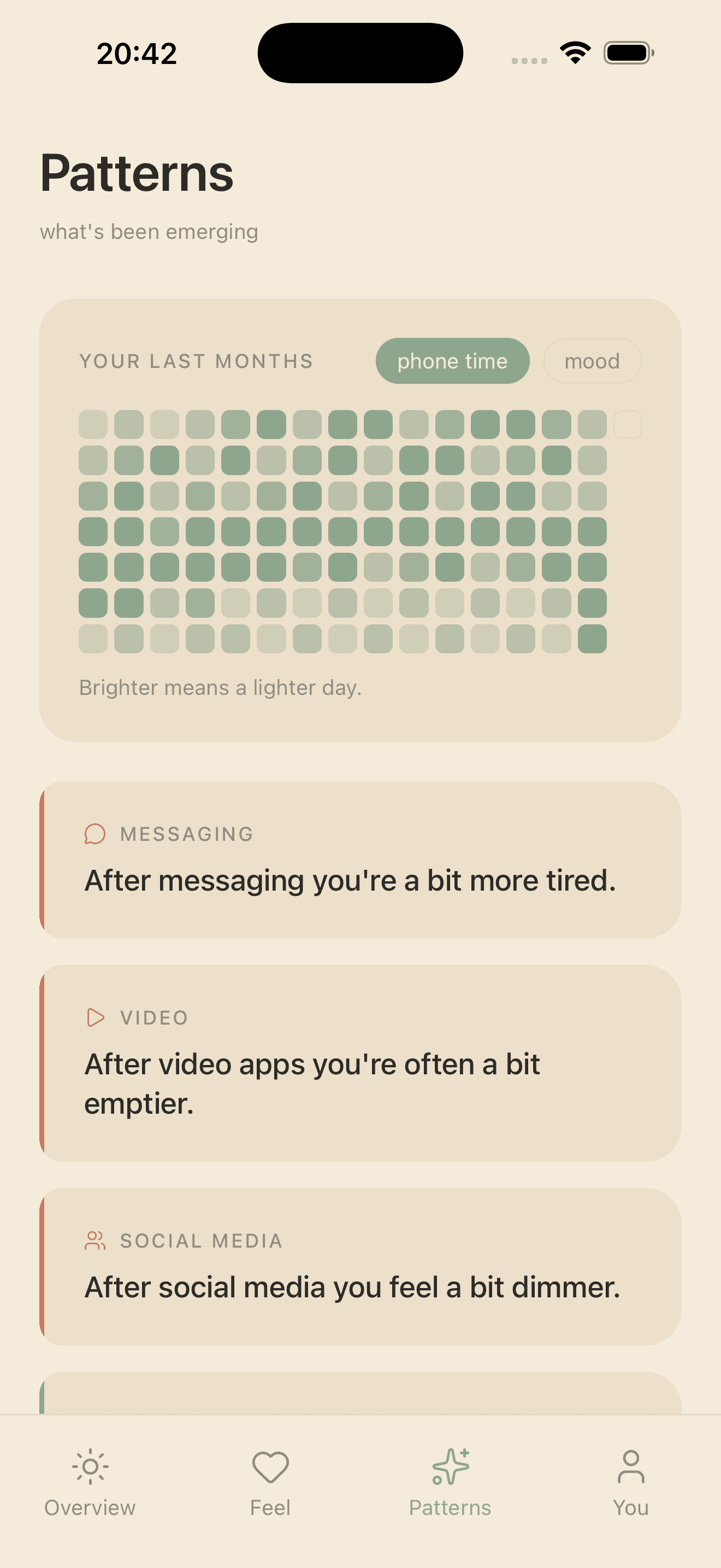The patterns screen: a monthly grid of phone use and observations like “After video apps you're often a bit emptier”.
