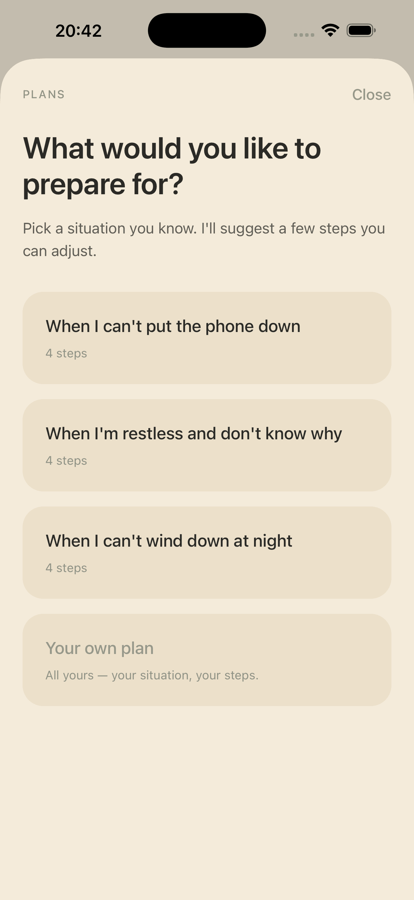 Plans in Ausklang: templates for situations like “When I can't put the phone down” or your own plan.